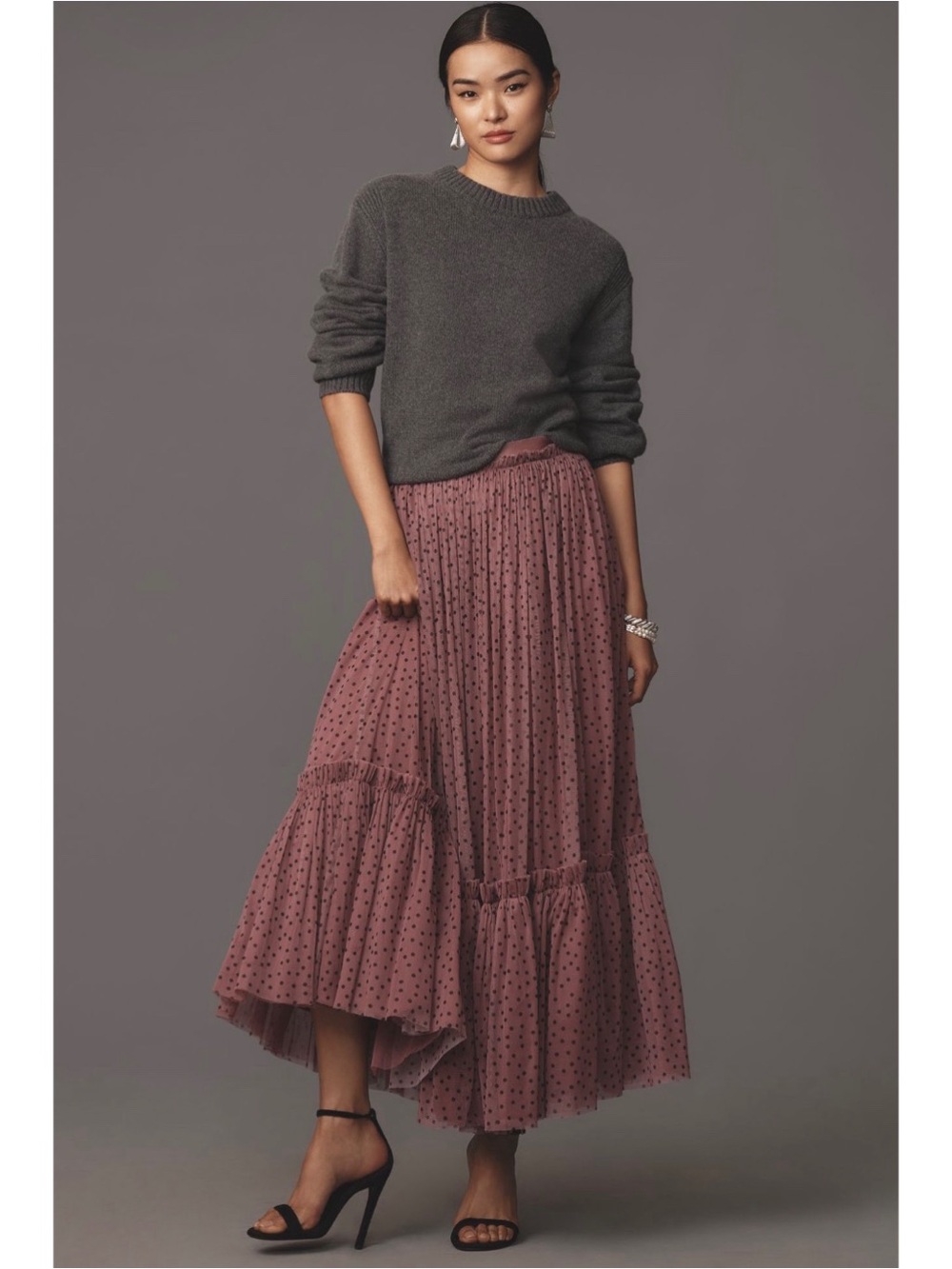 Anthropologie Polka Dot Tulle Maxi Skirt Pink Tiered Pull On Balletcore Mesh S